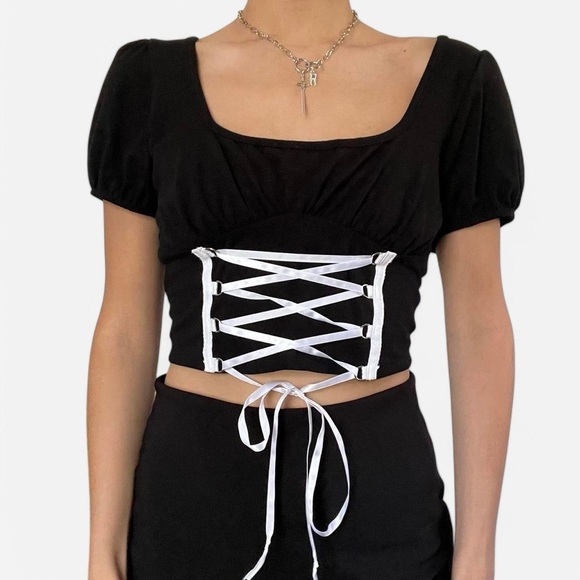 Dolls Kill Black Puff Sleeve Lace up Crop Blouse - Picture 1 of 6